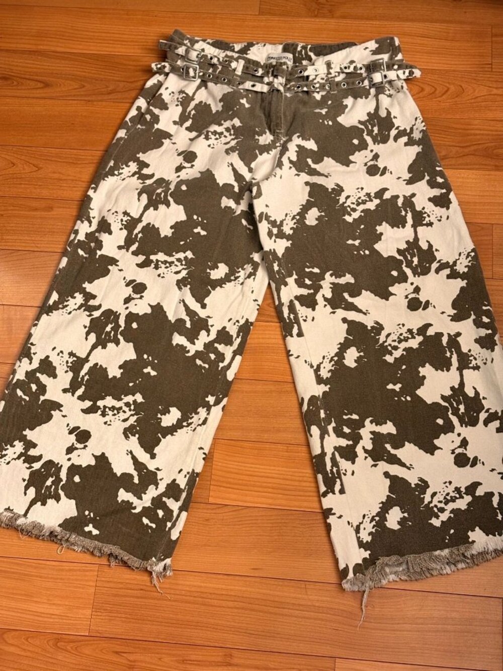 Princess Polly Baccarat Belted Mid-Rise Wide Leg Cow Print Jeans Pants US 10